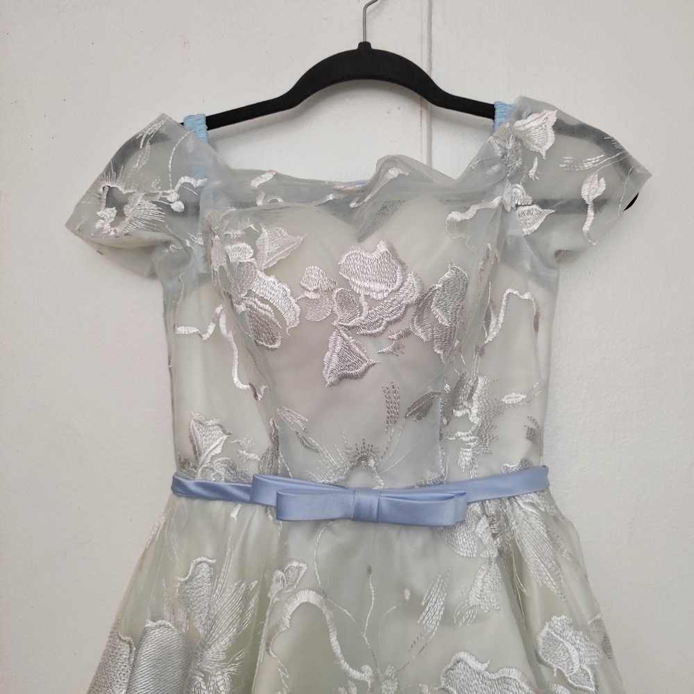 Off The Shoulder Gray Embroidered Mesh Corset Dress with Bowtie